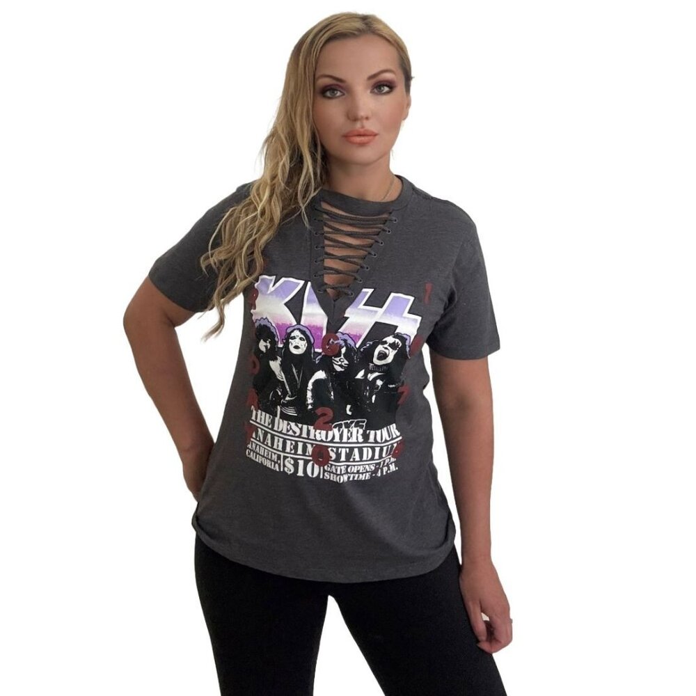 Licensed KISS rock band fashion T-shirt with a lace-up choker V-neck M,L,XL